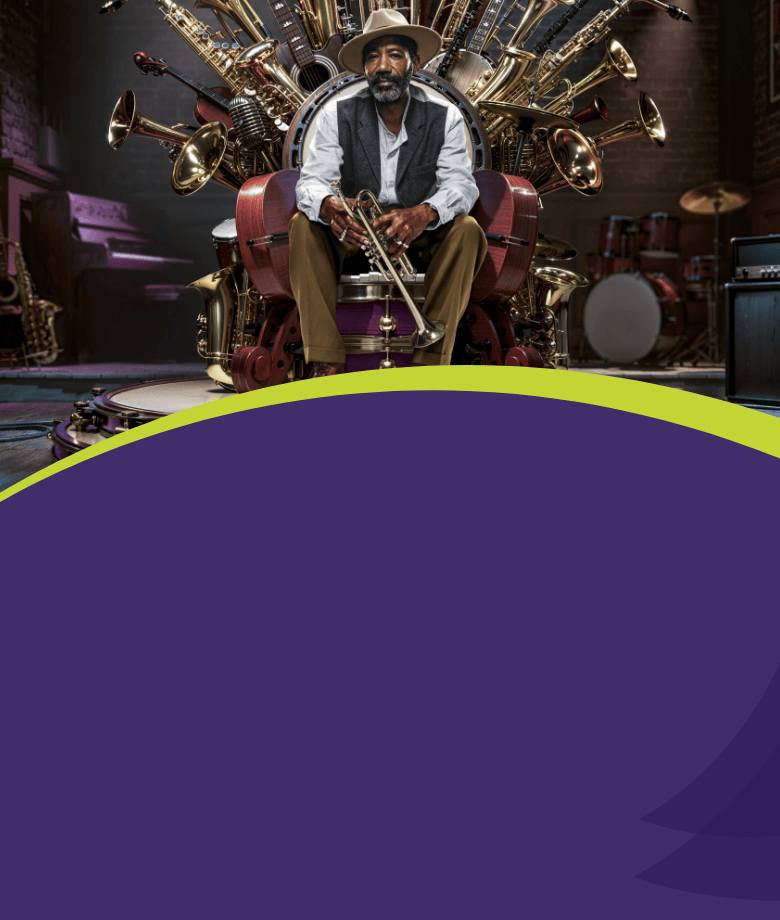 Holding a trumpet, a confident elderly gentleman sits on a throne of various musical instruments.