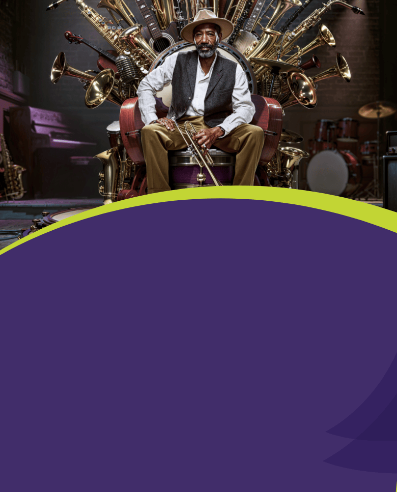 An elderly gentleman holds a trumpet while confidently sitting on a throne made out of numerous musical instruments.